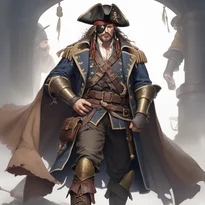 厚手のウールコートの下に革鎧を着込み、眼帯をした熟練の海賊船長。くすんだバックルが渋さを際立たせる。