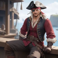 深紅のストライプシャツとレースのシャツを重ね着した眼帯の海賊船長。革のアクセントがお洒落で反抗的。