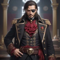 光沢ある黒のフロックコートと深紅のシャツを着たカリスマ海賊船長。襟のドクロが反抗的な権威を象徴。