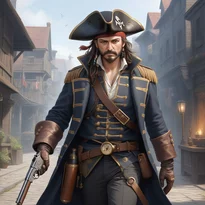 厚手のウールコートを着た勇敢な海賊船長。羅針盤の彫刻が施されたフリントロック式ピストルを手にしている。