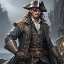 銀の装飾が施された革のロングコートを纏う謎めいた海賊船長。眼帯を着け、真鍮の柄のカトラスを携える。