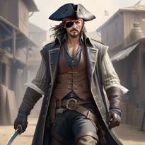 古びた革のロングコートとストライプシャツを着た海賊船長。眼帯をし、カトラスを手にロングブーツを履く。