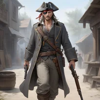 歴戦の風格漂う眼帯の海賊船長。厚手のウールコートを着こみ、ラッパ銃（ブランダーバス）を構えている。