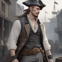 風化したレザーベストとグレーのズボンを纏う屈強な海賊船長。輝くベルトのバックルが歴戦の証。