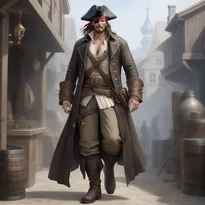 風化したレザーロングコートを羽織り、眼帯をつけた海賊船長。肩にかけたベルトが風格を漂わせる。