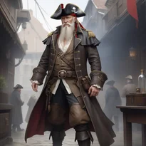 編み込みの肩章がついたコートを纏う、年老いた威厳ある海賊船長。ダークな色調が重厚感を醸す。