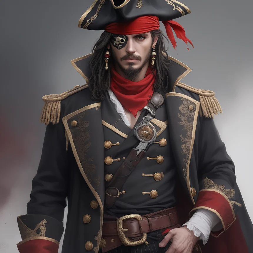 AIプロンプト作例。黒いロングコートと片目を覆うバンダナを身に着けた、威厳ある海賊キャプテンのイラスト。