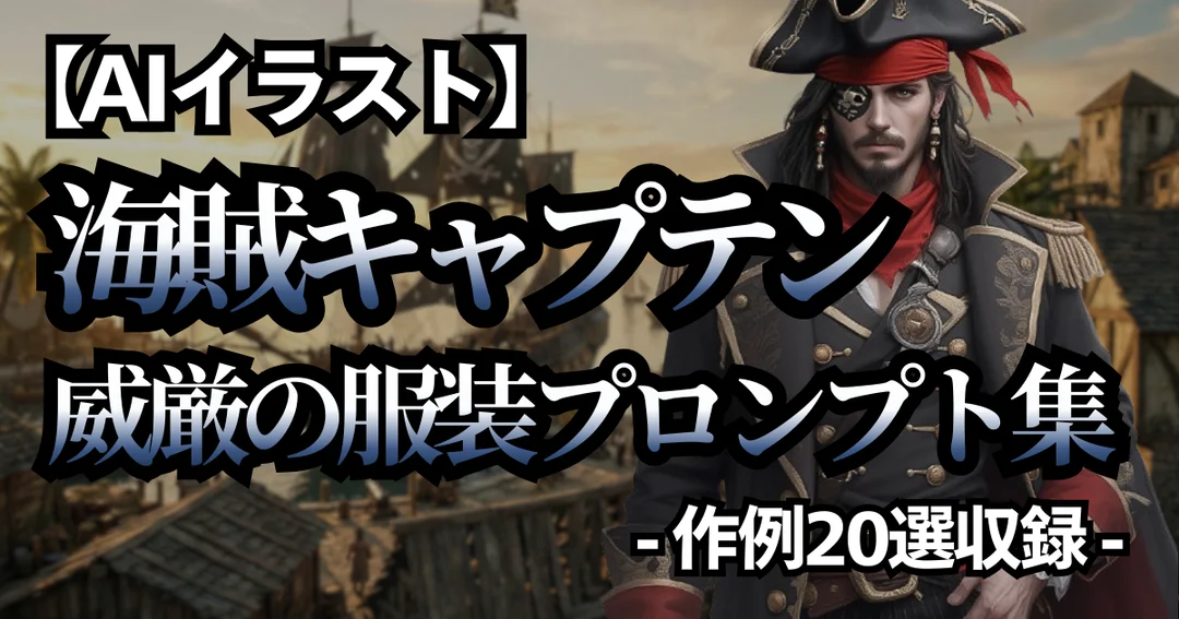 海賊服装プロンプト集のアイキャッチ。威厳あるキャプテンのイラストと「孤高のキャプテン」という記事タイトル。