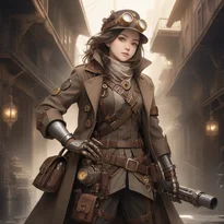 リベット鋼のツイードダスターコートと真鍮ギア籠手を着た、セピア調スチームパンク探検家。