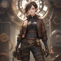 オイル加工革ジャケットと工具ベルトを着用した、錆びた真鍮色スチームパンク職人の姿。