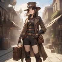 使い込んだ革のダスターコートに真鍮ゴーグル付き帽を被り、暖かな日差しを浴びる冒険者。