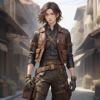 露出パイプ付き革ジャケットと真鍮バックル付きベルト、カーゴパンツのスチームパンク衣装。