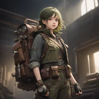 機械式バックパックとポケット付きベストを着用し、指なし革手袋をはめたスチームパンク冒険者