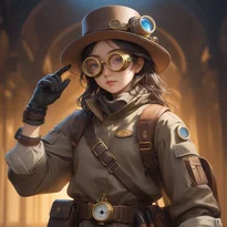 ゴーグル付きトップハットと多層ベルト、オイルドレザーを纏ったスチームパンク探検家