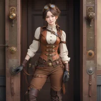 革製コルセットとリネンシャツ、膝丈ブーツを着用し、銅装飾が施されたスチームパンク探検家