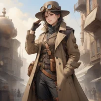 広いつばのゴーグルハット、レザートレンチコート、多ポケットベストを着用した探検家