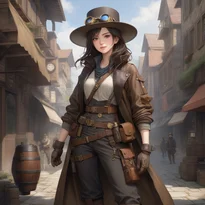 使い古された革のダスターコートと真鍮ゴーグル付き広つば帽を着用した、頑丈なスチームパンク探検家。