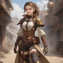 真鍮ギア付き革肩パッドと膝丈ブーツを装備した、屈強なスチームパンク探検家。