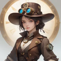 真鍮ゴーグルとコンパスが飾られた、日焼けした広つば探検帽を被るスチームパンクキャラ。
