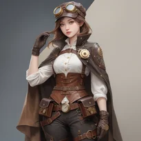 露出した歯車と時計仕掛けが目を引く、真鍮ゴーグル付き飛行帽のスチームパンク探検服。