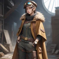 ゴーグル付きアビエーターハット、長めのダスターコート、フィンガーレスグローブを身につけたレトロフューチャー探検家。