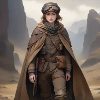 使い古されたキャンバスケープとコート、レザーブリーチに真鍮ゴーグル付き帽子を合わせたスチームパンク探検家。