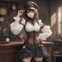 革コルセットとレースブラウス、バッスルスカートに、ハイブーツとアビエーターハットを合わせた女性探検家。