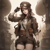 アビエーターハットとフィンガーレスグローブ、パッチ付きジャケット、ニッカボッカーズを身につけたスチームパンク探検家。