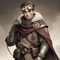 使い込まれたキャンバスマントと革ガントレットをまとい、真鍮ゴーグルをつけた謎めいたスチームパンク探検家