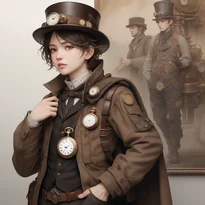 使い古されたユーティリティジャケットとニッカボッカーズ、アンティーク懐中時計を持つスチームパンク探検家