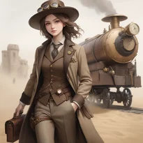 学者風スチームパンク探検家。真鍮ボタンのツイードジャケットと革パッチパンツ、ゴーグル付き広つば帽