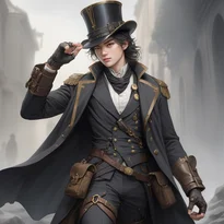 エレガントでタフなスチームパンク冒険者。多数のバックル付きダスターコート、真鍮トップハット姿