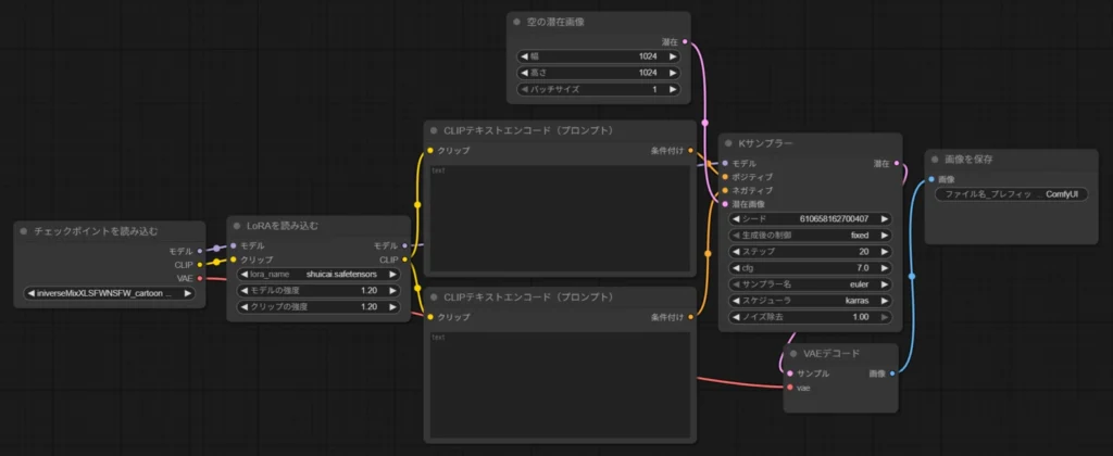 ComfyUIでLoRA Loaderを接続したワークフロー。CheckpointとKSamplerの間にLoRA Loaderを配置し、MODELとCLIPを繋いでいる様子。