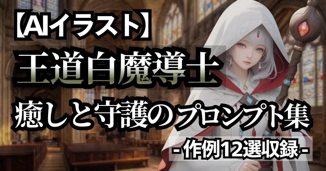 「【AIイラスト】王道白魔導士 癒しと守護のプロンプト集 - 作例12選収録 -」の文字が入った、白魔導士の衣装とプロンプト解説記事のアイキャッチ画像。
