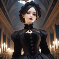 黒のベルベットとレース装飾が美しい、ヴィクトリア朝風ハイネックのヴァンパイア貴族ドレス。