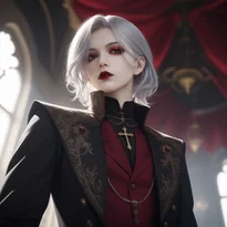 十字架刺繍入りの燕尾服と片眼鏡を纏った、銀髪のヴァンパイア貴族が佇む暗がりの中の肖像。