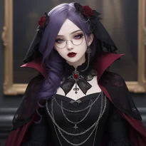 アシンメトリーなドレープと百合の紋章が特徴的な、紫と黒金のゴシック・ヴァンパイア衣装。