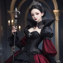 レースを重ねたコルセットガウンと杖を持つ、バロック様式の優雅なヴァンパイア貴族の全身像。