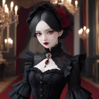 漆黒のヴァンパイアガウンに赤い瞳が輝く宮廷舞踏会の貴族姿。