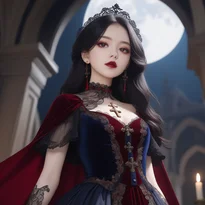 繊細なレースと深紅のケープを纏う耽美なヴァンパイア貴族の肖像。