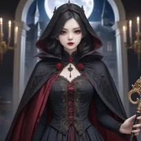 重厚なクロークと装飾杖を持つ荘厳なヴァンパイア貴族の舞踏会姿。