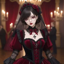 ゴシック装飾のドレスを纏い深紅と黒の調和を放つ貴族衣装。