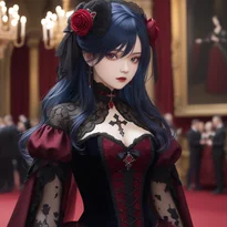 バロック調の薔薇柄と黒ビーズが輝く、コルセットとレースの重なりが美しい吸血鬼のドレス。