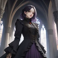 ハイネックの燕尾服に繊細な装飾とフリルを施した、紫と黒金が映える高貴な男性ヴァンパイア。