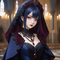 長い裾と黒ビーズの房飾りが特徴的な、月光に照らされた紺とワインレッドの豪華な夜会ドレス。