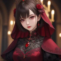 聖杯の紋章とルビーが輝く、チュールとレースを重ねたハイネックの深紅のヴァンパイアガウン。