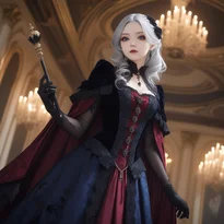 銀髪で杖を持ち、深紅の裏地が覗く黒ベルベットのケープドレスを纏った高貴なヴァンパイア。