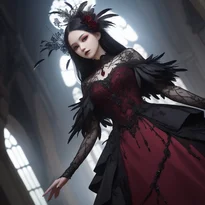 黒い羽根飾りとビーズ刺繍が施され、ルビーのペンダントが輝くゴシック調の喪服レースガウン。