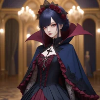 深紅の裏地を持つケープドレスにフリルを重ね、黒曜石のロザリオを手にした月夜の貴族の装い。