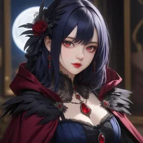 カラスの紋章とサテンのドレープが特徴的で、ルビーと優雅な牙を見せるヴァンパイアの佇まい。